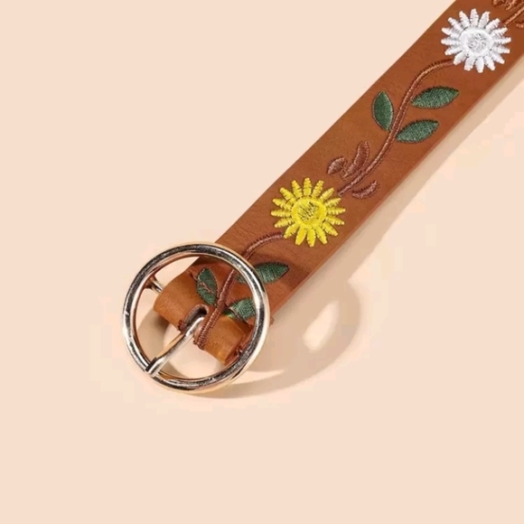 Boho Brown Embroidered Floral Buckle Belt Faux Leather main image 5